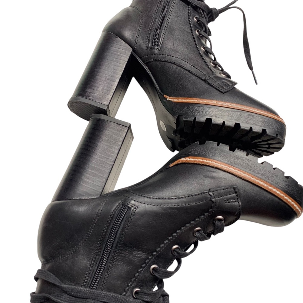 CHELSEA & VIOLET LEXIE BLACK LACE-UP LEATHER ANKLE BOOTIE CHUNKY HEEL BOOTS